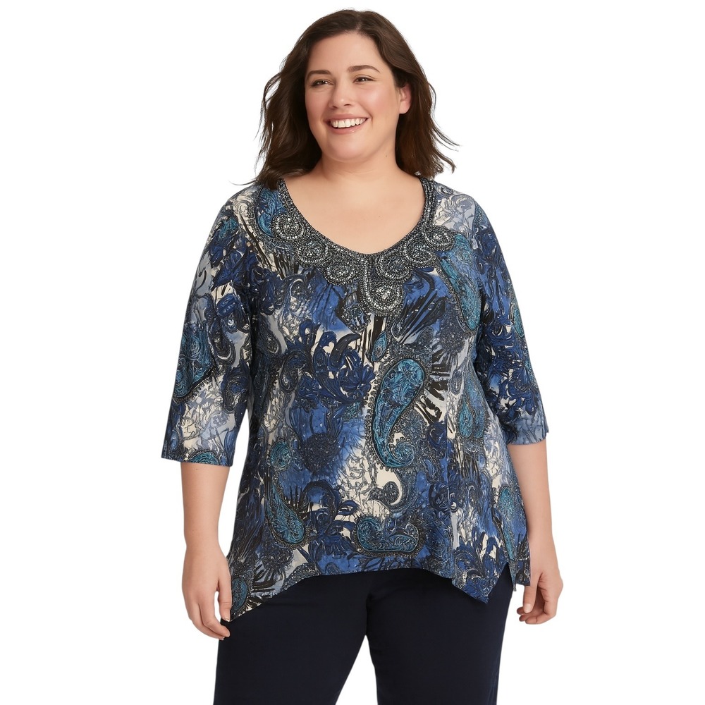 K.E.R.E.N Hart Plus Size 1X Top Paisley Blouse 3/4 Sleeve Beaded Sequins 1604